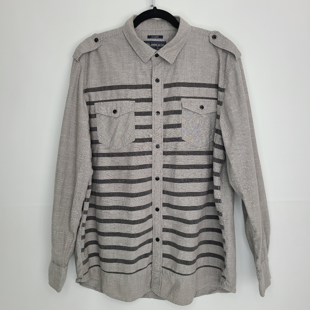 American Rag Shirt Collar Long Sleeve Button-Down Gray Black Stripes X-Large